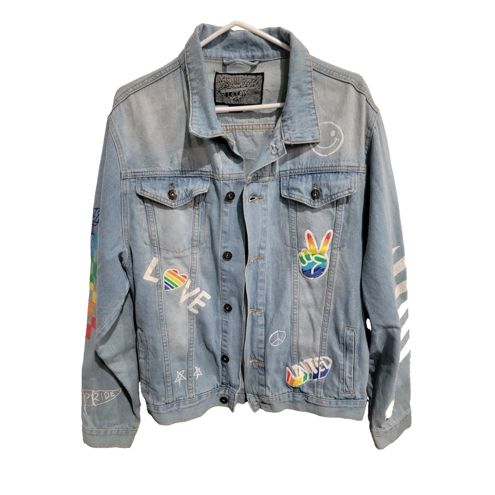 Brooklyn Cloth "Pride Doodle" Denim Jean Jacket Men's XL Light Wash Peace Love